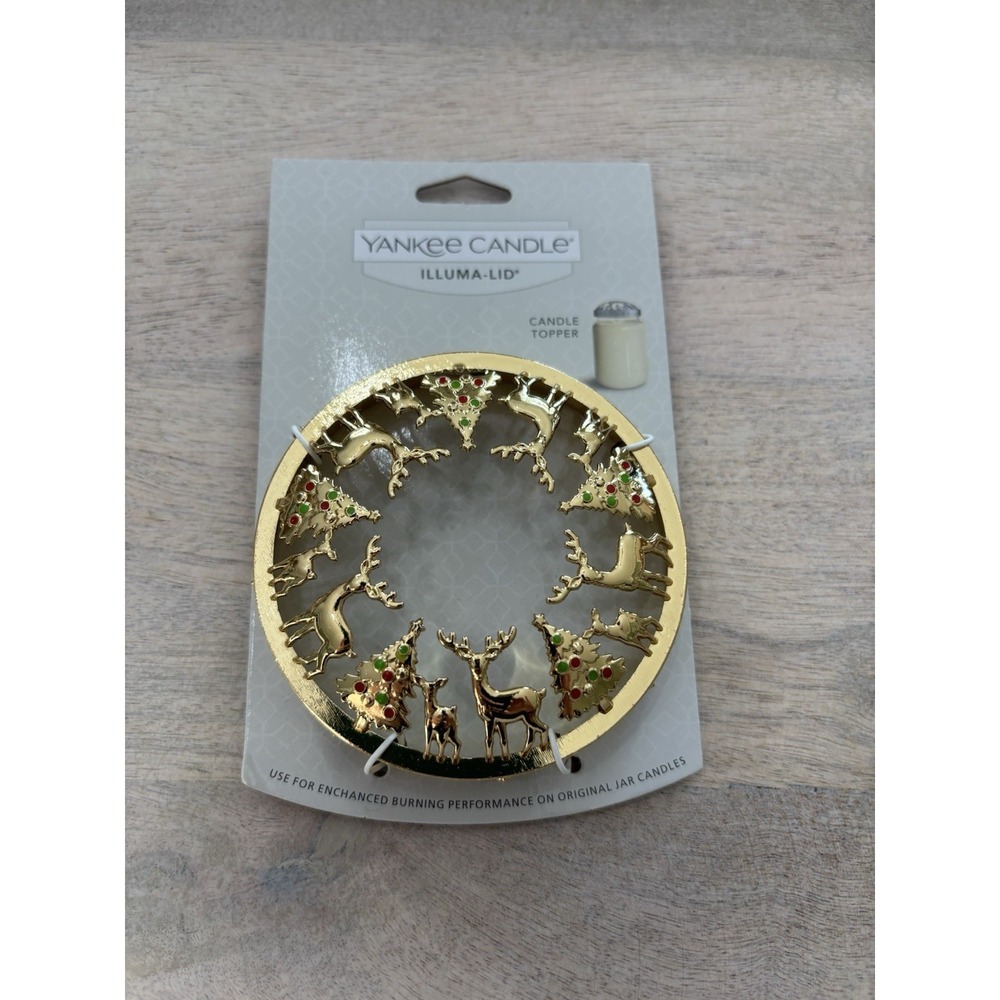 Yankee Candle Christmas Illuma Lid Topper Reindeer‎ Trees Gold New on Card